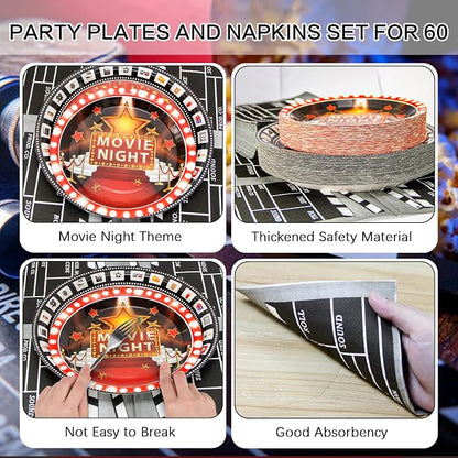 180Pcs Movie Night Party Supplies Paper Plates and Napkins Serve 60 | - Image 3