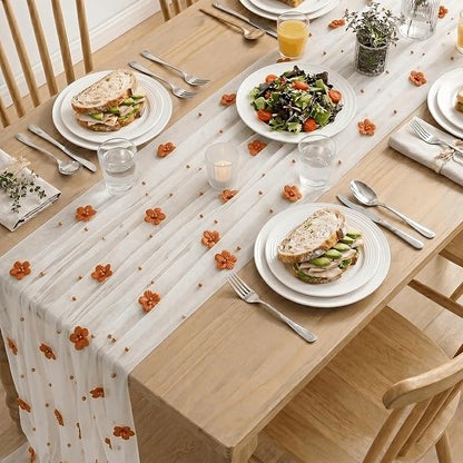 Artoid Mode Caramel Flower Pearl White Gauze Table Runner 10FT, Seasonal Sheer - Image 5