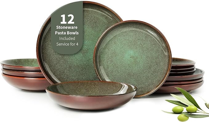 12 Piece Dinnerware Sets with Pasta Bowls, Stain Resistant Dish Set, Easy by Pokini