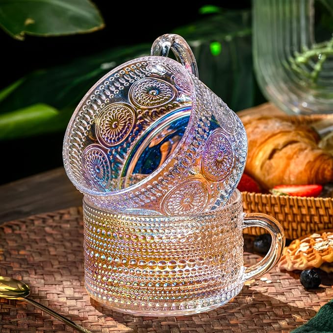 Gezzeny Vintage Glass Coffee Mugs 14 Oz Set of 2 Iridescent Embossed, Tea Cups - Image 5