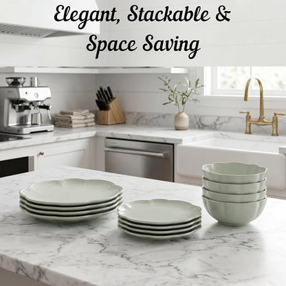 Sango 12 Pieces Scalloped Dinnerware Set, Sage Green Dishes - Image 7