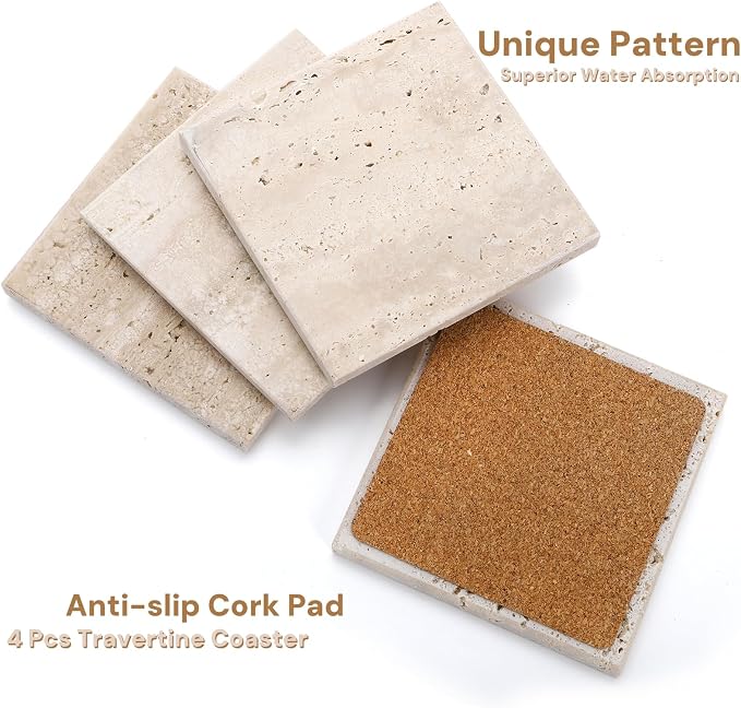 4 Pack Travertine Coaster, Stone Bar Drink Coasters, Limestone Coffee Cup - Image 3
