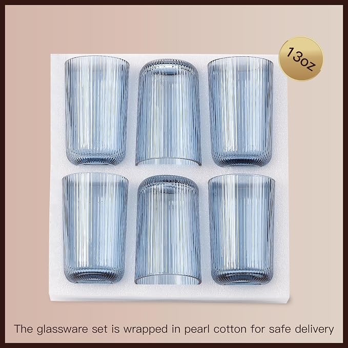 Blue Ribbed Highball Glasses Set of 6, 13.2oz Midnight Blue Colored Glassware - Image 6
