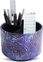 Round Leather Art Supply Organizer,Remote Control Holder,360 Degree Spinning,Multi-Functional Pencil Holder,4 Compartments Desktop Stationary Organizer(1-Rich Flower Purple)