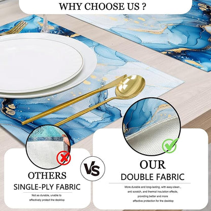Mcalk Blue Marble Table Runner and Placemats Set of 6, Marble Print Placemats, Modern Cloth Place Mats Indoor for Kitchen,Washable Linen Material for Dining Table