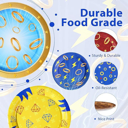 60Pcs Blue with Gold Ring Paper Plates 9" Disposable Heavy Duty Cartoon Tinsel Video Games Dessert Paper Plates Hedgehog Party Tableware Set for Kids Birthday Baby Shower Party Decorations