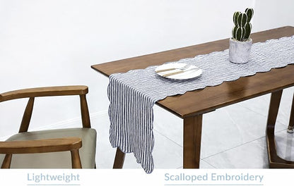 100% Natural Linen Rustic Scalloped Embroidery Table Runner 48 Inches, Linen - Image 4