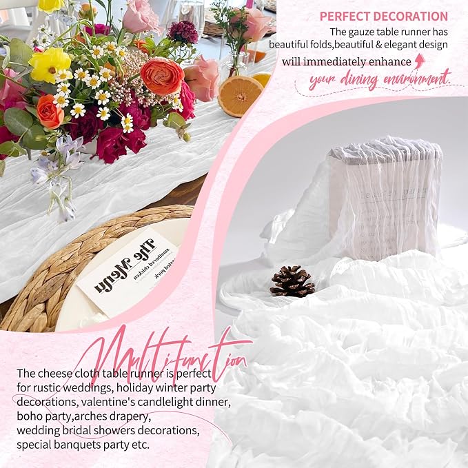 18 Pack Cheesecloth Table Runner 10FT White Table Runner Boho Gauze Cheese - Image 6