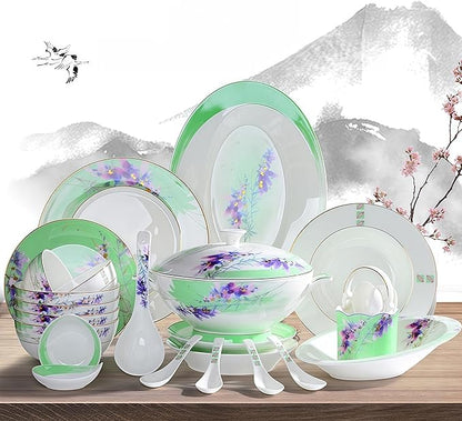 50 Pcs Fine Bone China Dinnerware Set, Porcelain & Ceramic Dinnerware Sets, Bone Stoneware & Ceramic Cookware Tableware Set Includes Dinner Plates|Spoons|Pasta Bowls|Soup Pot|Chopsticks
