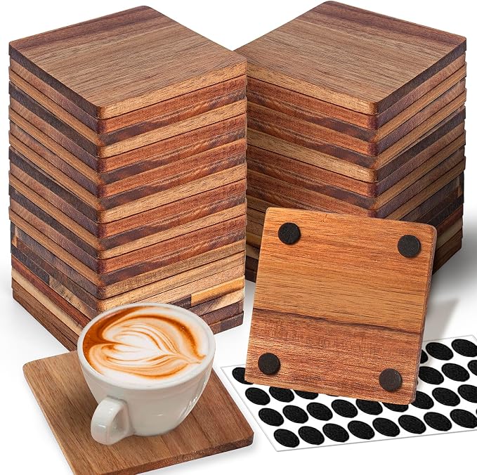 48 Pieces Unfinished Wood Coasters, 4 Inch Square Acacia Wooden Coasters by Aweyka