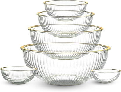 COOK WITH COLOR 12 Pc Glass Mixing Bowl Set with Lids – Borosilicate Glass Nesting Bowls for Cooking, Baking and Meal Prep, Fluted with Gold Rim
