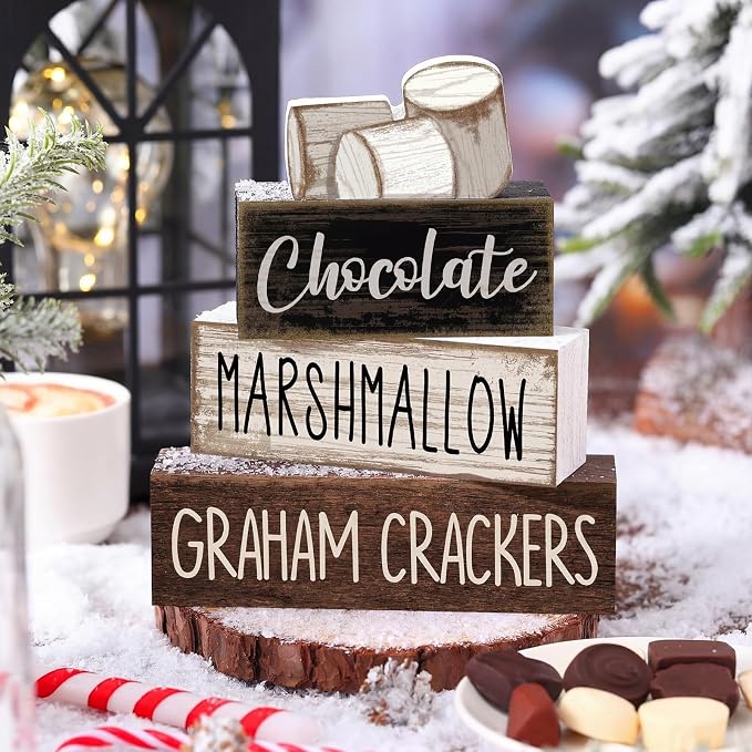 Moucuny 4 Pcs Christmas Table Decoration Wooden Marshmallow Chocolate Christmas - Image 2