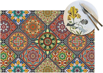 Mandala Colorful Placemats Set of 4 Linen 12"x18" Retro Place Mats Washable Heat-Resistant Boho Kitchen Table Mats for Dining Outdoor Home Decor