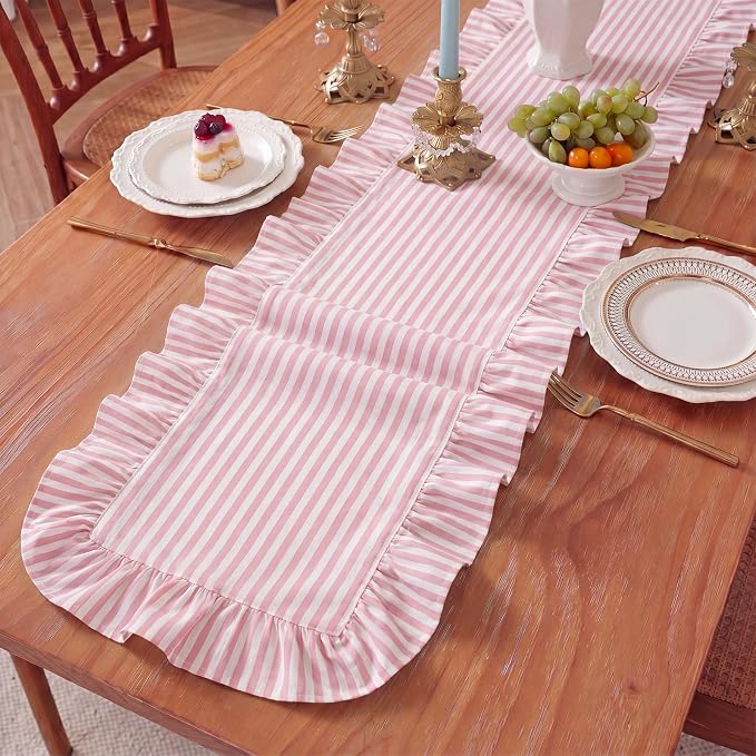 HunnmingRe Ruffle Trim Boho Table Runner Farmhouse Rustic Stripes Scalloped - Image 3