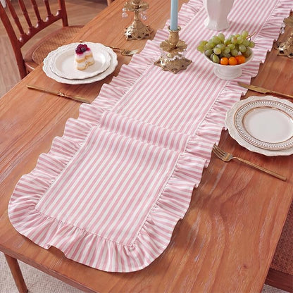 HunnmingRe Ruffle Trim Boho Table Runner Farmhouse Rustic Stripes Scalloped - Image 3