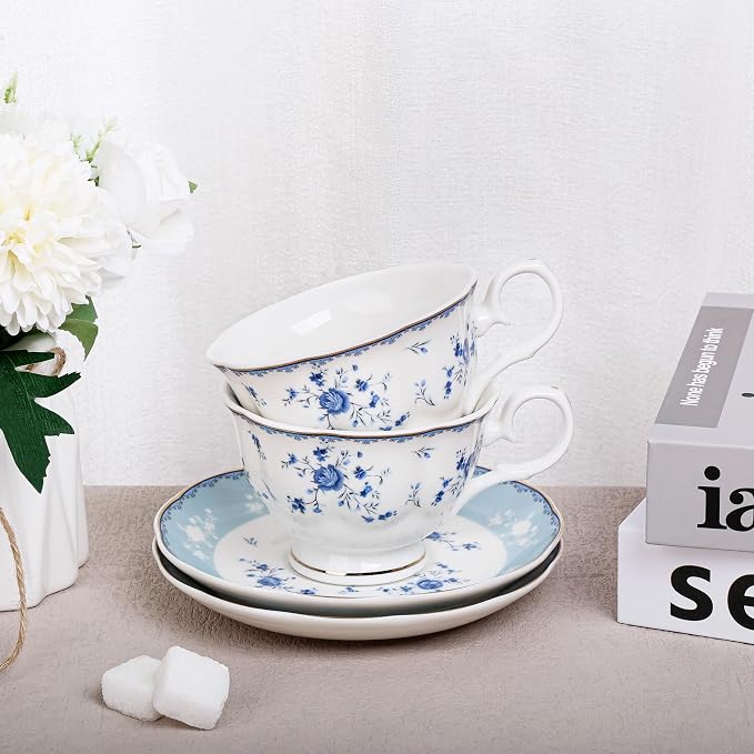 fanquare Blue Rose Porcelain Tea Cup and Saucer Set - Image 4