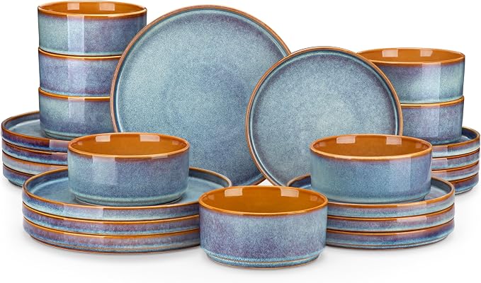 vancasso ONION Ceramic Plates and Bowls Sets, 24 Pieces Blue Dinnerware Sets by vancasso