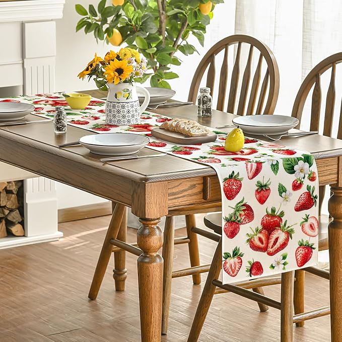 Artoid Mode Strawberry Wildflowers Fruit Spring Summer Table Runner, Seasonal - Image 4