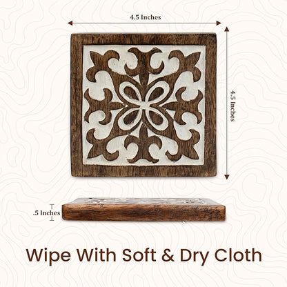 DEVLA Decorative 4 inch Wooden Coaster Set, Hand Carved with White Antique Design, 5 Coasters with Holder, Brown and White Antique