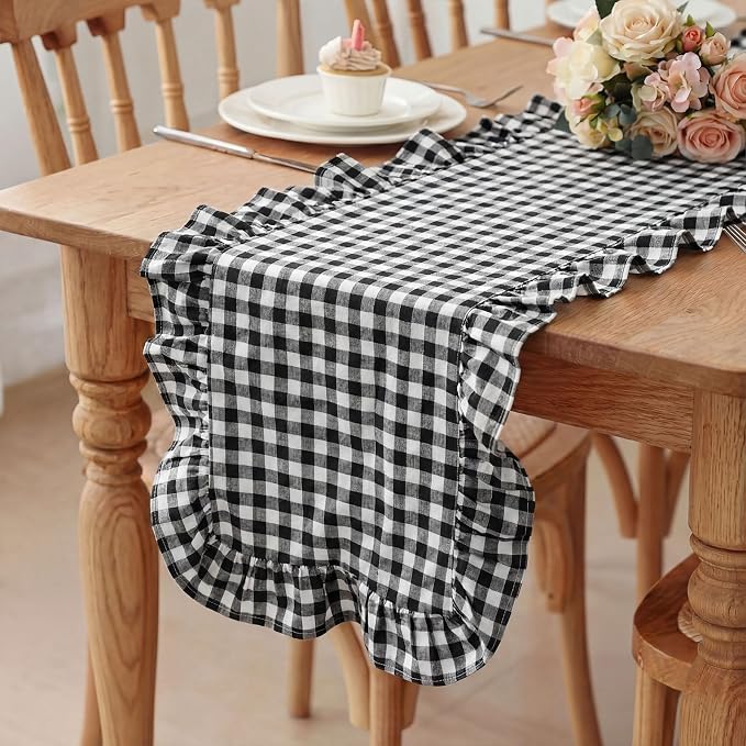 HunnmingRe 1 Pc Gingham Table Runner White and Black, 118 X 13.8 Inch | Cotton by HunnmingRe