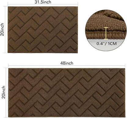 hicorfe Kitchen Rugs and Mats Sets,2 Pieces Super Absorbent Polypropylene Non-Slip Rug,Soft Comfort Floor Mat,Washable for Kitchen,Hallway,Office,Sink,Laundry(20" x 32"+20" x 48",Dark Brown)