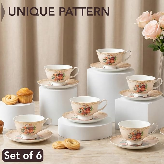BTaT- Floral Tea Cups and Saucers, 8 oz, Fine Porcelain Teacup Set - Image 2