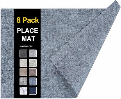homing Faux Leather Heat Resistant Placemats 8 Packs, Waterproof Wipeable Dining PU Place Mats for Indoor & Outdoor, Easy to Clean, Denim Blue