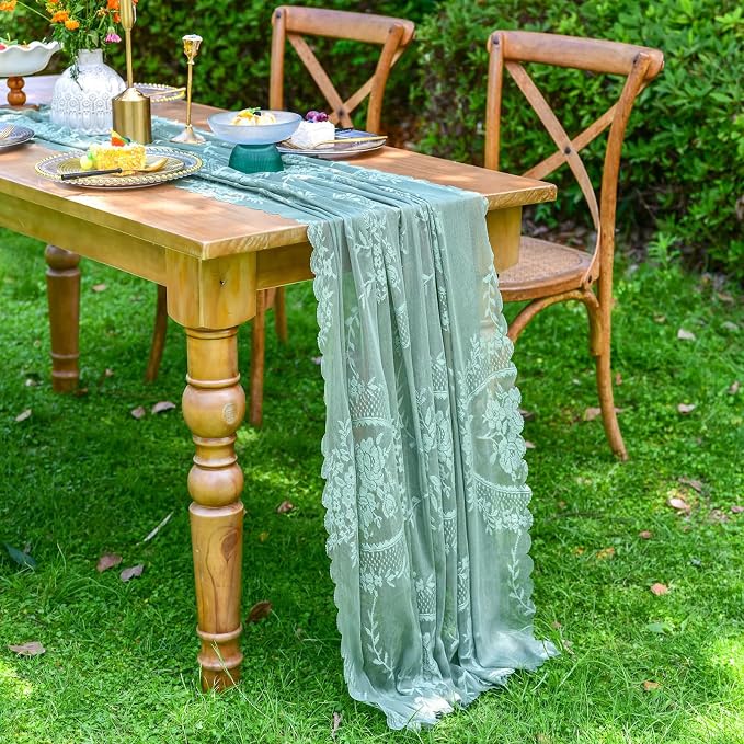 vctops Green Lace Table Runner 120 inch 10FT Floral Embroidered Boho Farmhouse - Image 2