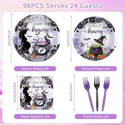 96 Pcs A Baby Is Brewing Halloween Baby Shower Decorations, Witch Brew Plates - Image 2