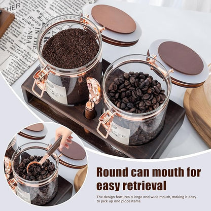 Glass Coffee Canister Set with Shelf and Spoon, Set of 2 Coffee Containers for Storing Ground Coffee Beans, Sealed, Coffee Bar Coffee Filter Holder