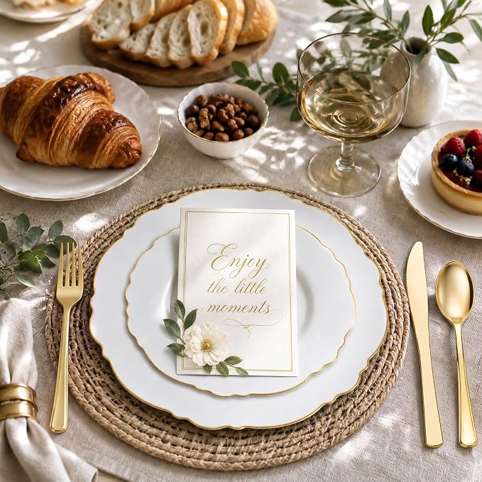 60pcs Gold Plastic Dinner Plates -10.25inch Baroque White and Gold Plates Fancy - Image 8