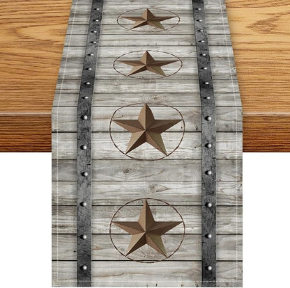 Western Texas Table Runner, Rustic Farmhouse Golden Star Wooden Barn Plank by Unknown