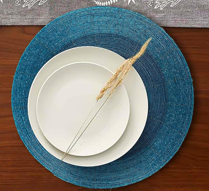Lightnpro Glitz Beaded Charger Placemat - Turquoise Blue Placemat Set of 4, Handmade Round Table Mats - Christmas Xmas Dining Harvest Fall Holiday Celebration Festive Party Table Décor - 13 inch