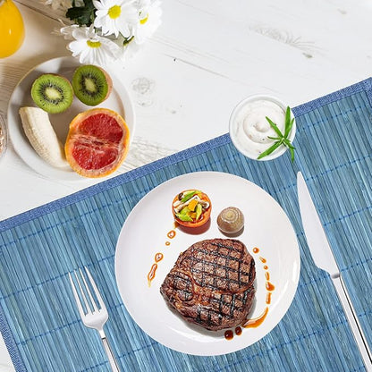 ANDSTAR Bamboo Placemats Set of 8 Non-Slip Waterproof - 12x18 Inch Reusable Table Mats for Kitchen Dining, Eco-Friendly Thick Heat Resistant Dishwasher Safe Home Decor (Blue)