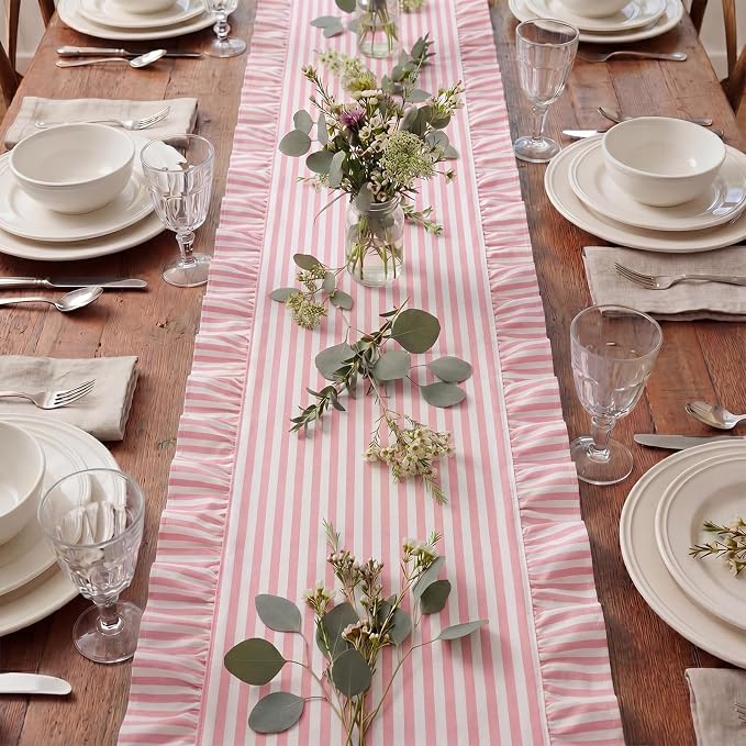 HunnmingRe Ruffle Trim Boho Table Runner Farmhouse Rustic Stripes Scalloped - Image 5