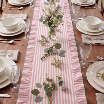 HunnmingRe Ruffle Trim Boho Table Runner Farmhouse Rustic Stripes Scalloped - Image 5