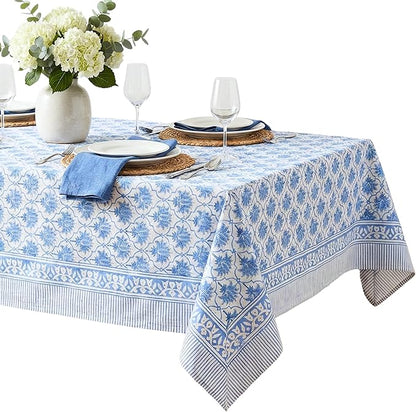 ATOSII Padma Blue 100% Cotton Rectangle Summer Tablecloth, Indian Block Print Floral Table Cloth I Dining Parties Weddings Outdoors Holidays 60 X 108 Inches, 8 Seater I Grandmillennial Farmhouse Boho