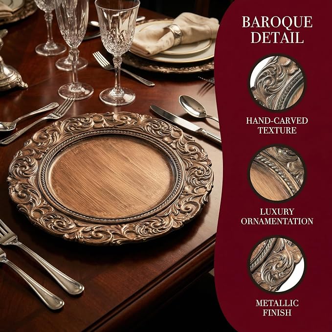 Brown Charger Plates Set of 6, Faux Wood Plate Chargers, 13 Inch Plastic Charger - Image 3