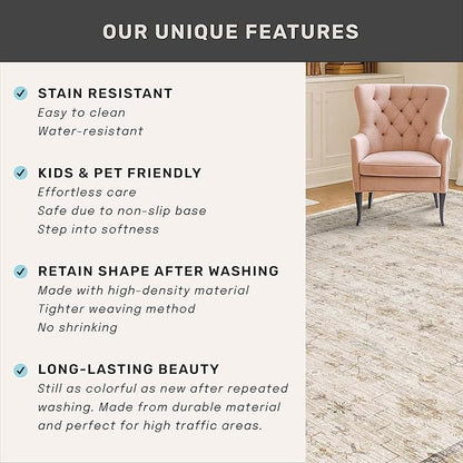 Farmhouse Bathroom Rug 2x3 Beige, Machine Washable Small Non Slip Indoor Entryway Area Rug, Low Pile Thin Neutral Vintage Design for Bedside, Kitchen