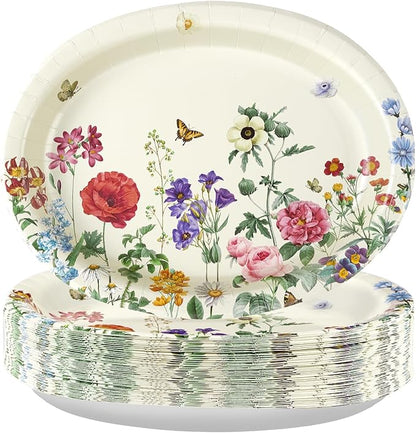 50Pcs Wild Flower Oval Paper Plates 10" x 12" Large Heavy Duty Disposable Fall Vintage Wildflower Platters Autumn Watercolor Floral Dessert Plates for Thanksgiving Dinner Birthday BBQ Party Supplies
