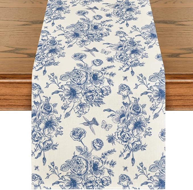 Artoid Mode Spring Beige Blue Floral Chinoiserie Table Runner, Seasonal Summer by ArtoidMode