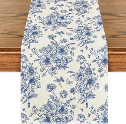 Artoid Mode Spring Beige Blue Floral Chinoiserie Table Runner, Seasonal Summer by ArtoidMode