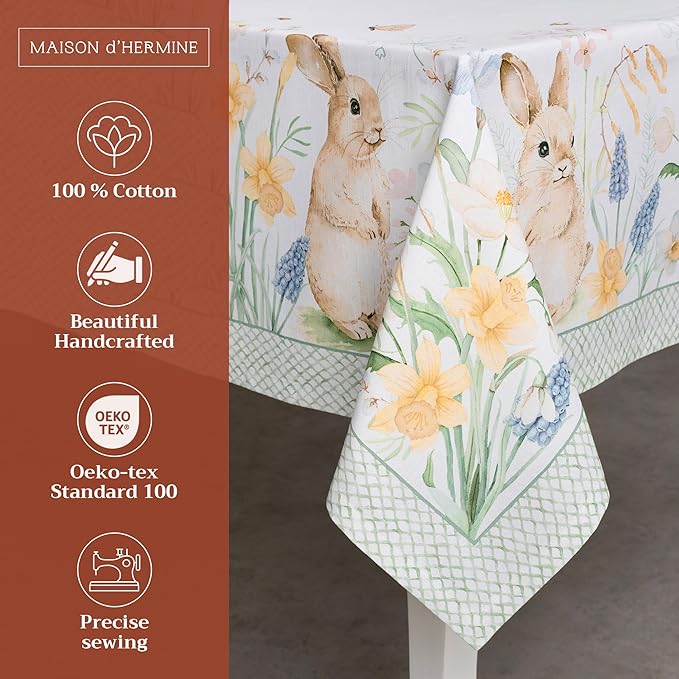 Maison d' Hermine Table Cloth Rectangle Table 100% Cotton 54 x 72 Inches Tablecloth Reusable Decorative for Dining Room Farmhouse Home Valentines Day Decorations Spring Summer - Easter Dew