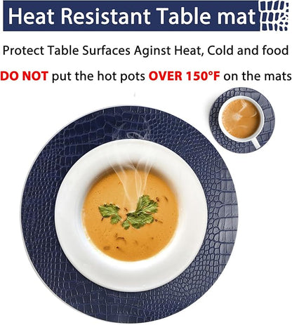 Round Leather Placemats for Round Tables Set of 4, Blue Table Place Mats and Coasters, Washable Easy to Care for Indoor Decor 13" Diameter