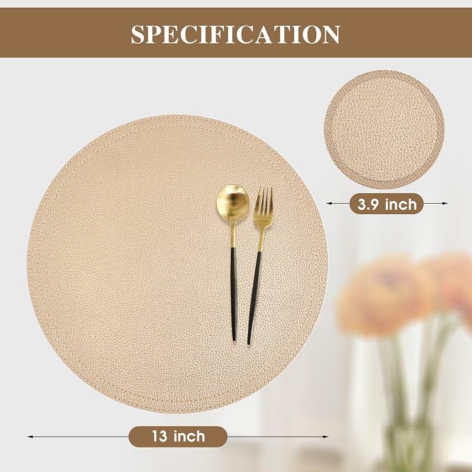 Set of 8 Faux Leather Gold Round Placemats and Coasters, Coffee Mats Kitchen - Image 4