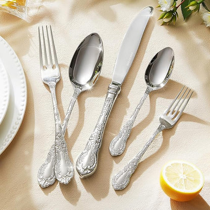KINGSTONE Vintage Carved Silverware Set, 20-Piece 18/10 Stainless Steel Flatware Cutlery Set with Retro Royal Thick Handle, Tableware Utensils for Home, Restaurant, party, Wedding, Dishwasher Safe