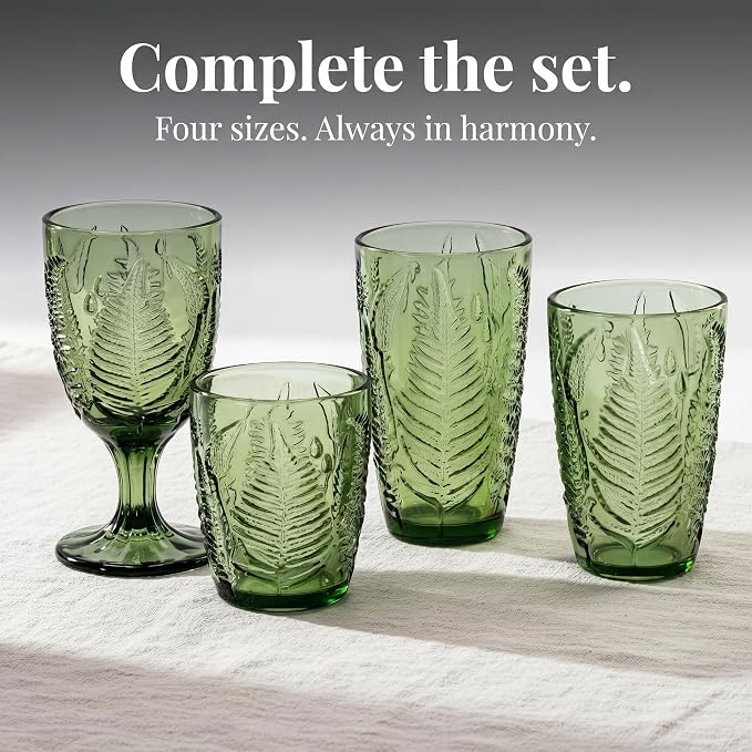 Green Drinking Glasses Set of 4, 12 oz Glass Cups, Vintage Fern Glassware | - Image 9