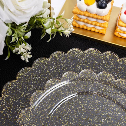 LIYH 60 Pcs Gold Glitter Plastic Scalloped Plates - Disposable Heavyduty Combo Plastic Plates Dishes Included 30 Dinner Plate 30 Dessert Plate for Weddings Party Birthday