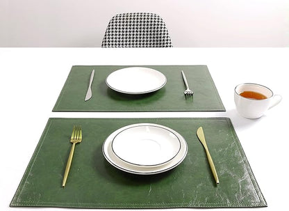 Waterproof PU Placemats, Faux Leather Dining Table Mat, Set of 4, Easy to Wipe Off Scrub Vinyl Mat, Heat & Stain Resistant for Office Conference Table, Home Decor G Loden