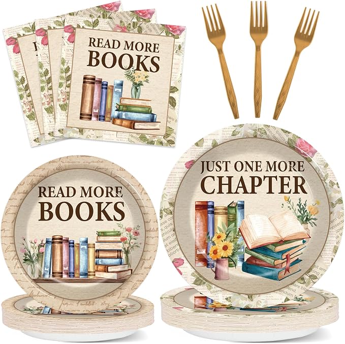 96Pcs Reading Theme Party Supplies Read More Books Paper Plates and Napkins by Justforjoyful
